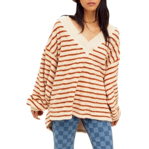Free People Sweaters - Free People Connell Stripe Faux Fur Top Sweater Fuzzy Teddy Cream Brown Sz XS